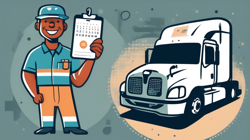 Create an image showing a commercial truck driver holding a DOT physical card with a confident smile. The backdrop should feature a calendar with marked dates, along with a renewal reminder highlighted. Additionally, include icons or illustrations of a medical check-up, administrative paperwork, and a crossed-out truck to symbolize consequences. Make sure the image conveys the themes of validity, renewal, and the importance of maintaining the DOT physical card.