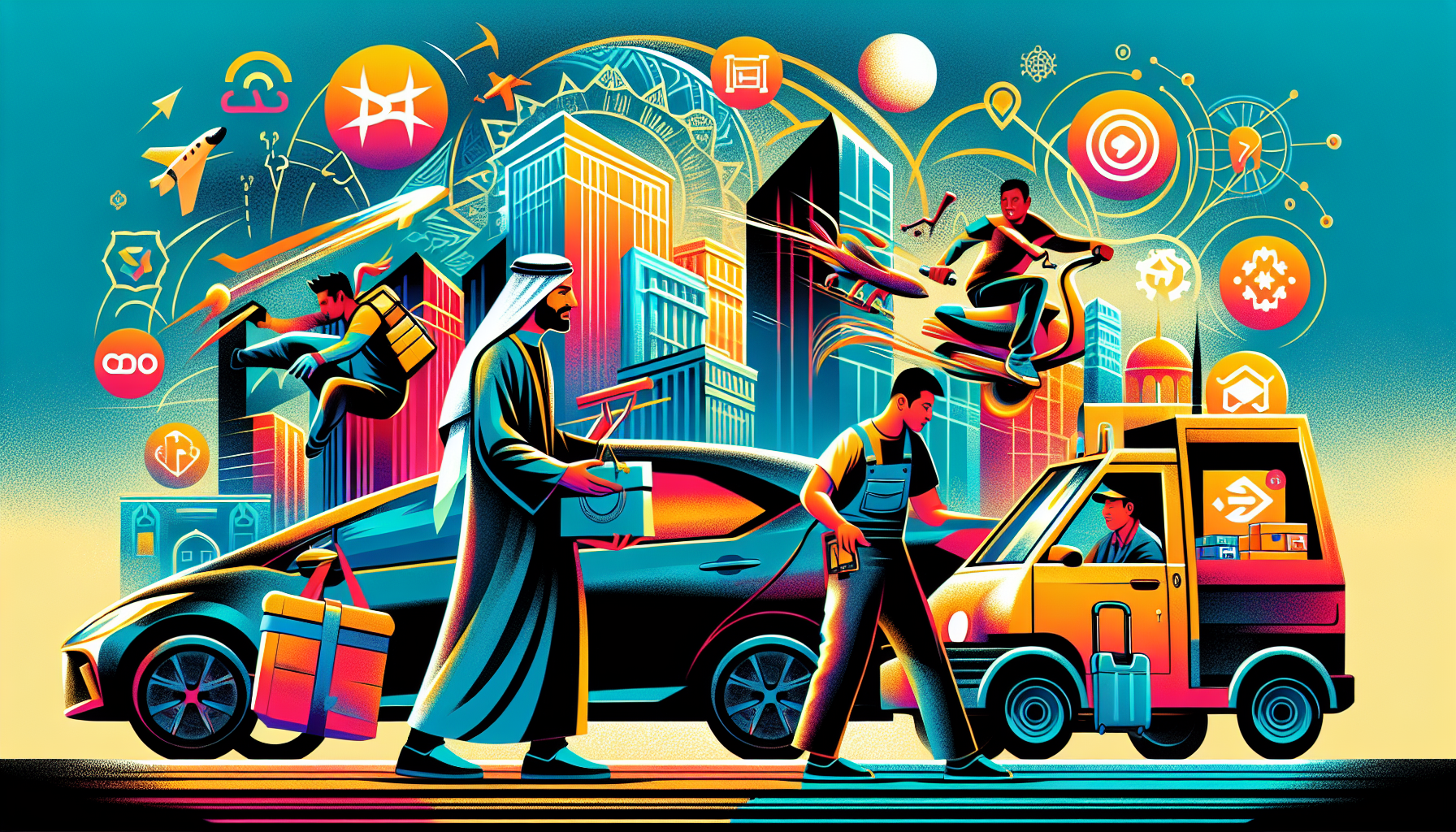 Create a DALL-E illustration that depicts the gig economy in action. Show a bustling urban scene where various gig workers are actively engaged in their tasks. Include a rideshare driver picking up a passenger, a delivery person with a package, and a handyman with tools. Surround them with prominent logos of platforms such as Uber, Lyft, and TaskRabbit to highlight the gig economy platforms. Make sure to convey a sense of fast-paced, efficient, and flexible work.