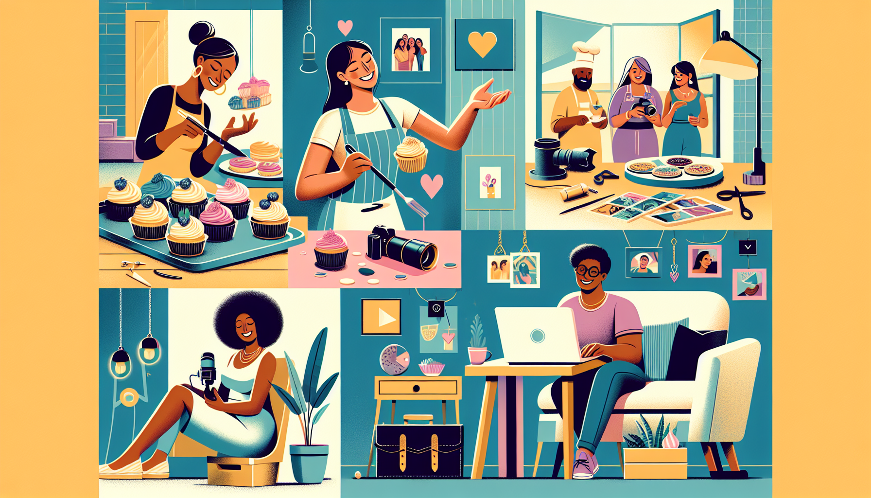 Create an image showcasing various hobbies being monetized. Include elements like a person baking and selling cupcakes, another person taking professional photos, and someone crafting handmade jewelry. The background should depict a cozy home setting with a small home-based business vibe, including a table with a computer for online marketing and sales. Capture the essence of passion turning into profit, with happy individuals engaged in their hobbies.