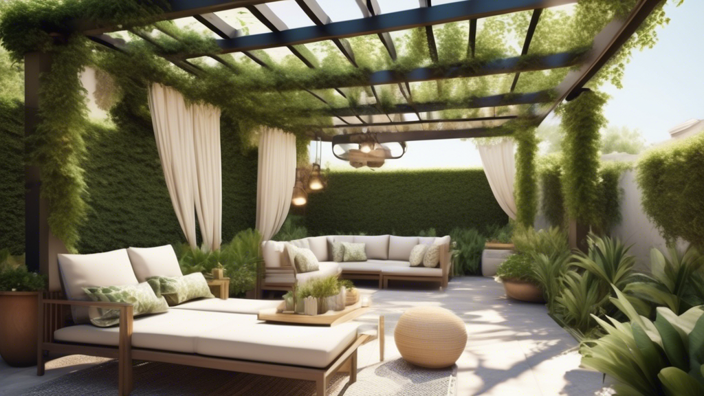 Create an image depicting a serene backyard oasis designed to stay cool in the heat. Include elements like a shady pergola adorned with lush greenery, comfortable outdoor seating with light-colored cushions, and strategically placed fans. Highlight the use of natural shading by incorporating large umbrellas and trellises with climbing plants. Show a family or individuals relaxing and enjoying cold beverages, emphasizing the importance of creating cool, shaded retreats in outdoor spaces.