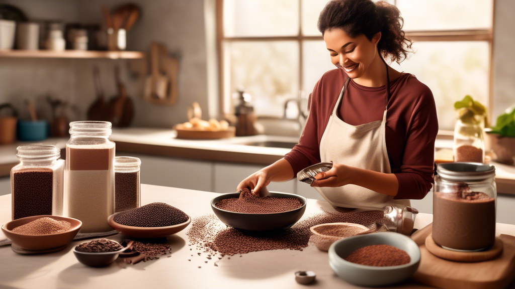 An artistic representation of a vibrant, modern kitchen scene where a woman is creatively using cacao nibs. She is sprinkling them over a bowl of steaming oatmeal, and on the counter beside her are jars of cacao nibs, a blender with ingredients for a smoothie, and a cookbook open to recipes featuring cacao nibs in both sweet and savory dishes. In the background, there are clear containers displaying various ways of storing cacao nibs.