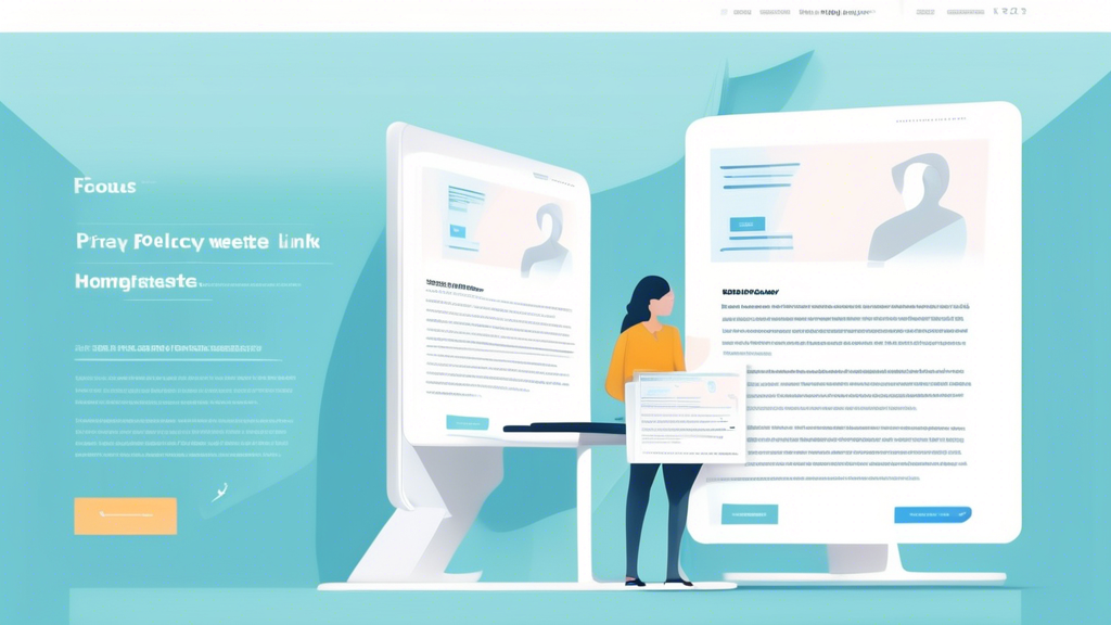 A sleek, modern website with a focus area showing how to add a privacy policy section. The scene includes two computer screens: one displaying a website backend with a section being edited to include a privacy policy link, and the other screen showing the same website