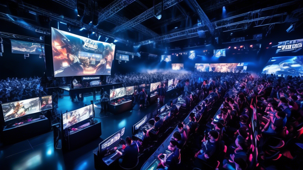A bustling e-sports arena filled with a cheering crowd, huge screens displaying live gaming matches, and various booths advertising sponsorships and merchandise. The image should showcase professional gamers in action, commentators at a desk analyzing plays, and behind-the-scenes staff coordinating the event. Include elements like branded banners, fans wearing team jerseys, and digital advertising boards. The atmosphere should be electric, highlighting the economic boom and dynamic career opportunities within the e-sports industry.