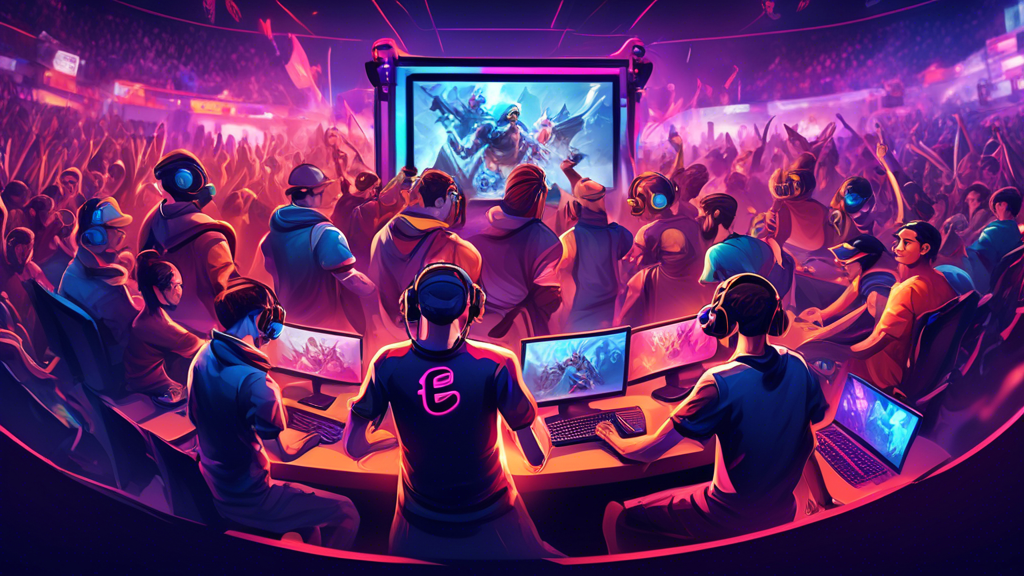 Create an image that depicts a vibrant e-sports community scene. Show a diverse group of passionate fans engaging on online forums and social media platforms. Include elements like banners of popular e-sports teams, people gathered around watching e-sports tournaments on various devices, and emotive fan engagement such as commenting and live reactions. Highlight the cultural acceptance by featuring news headlines and media figures discussing e-sports. There is a bustling, modern atmosphere with bright colors and dynamic compositions to reflect the energetic and growing nature of the e-sports community and its mainstream appeal.