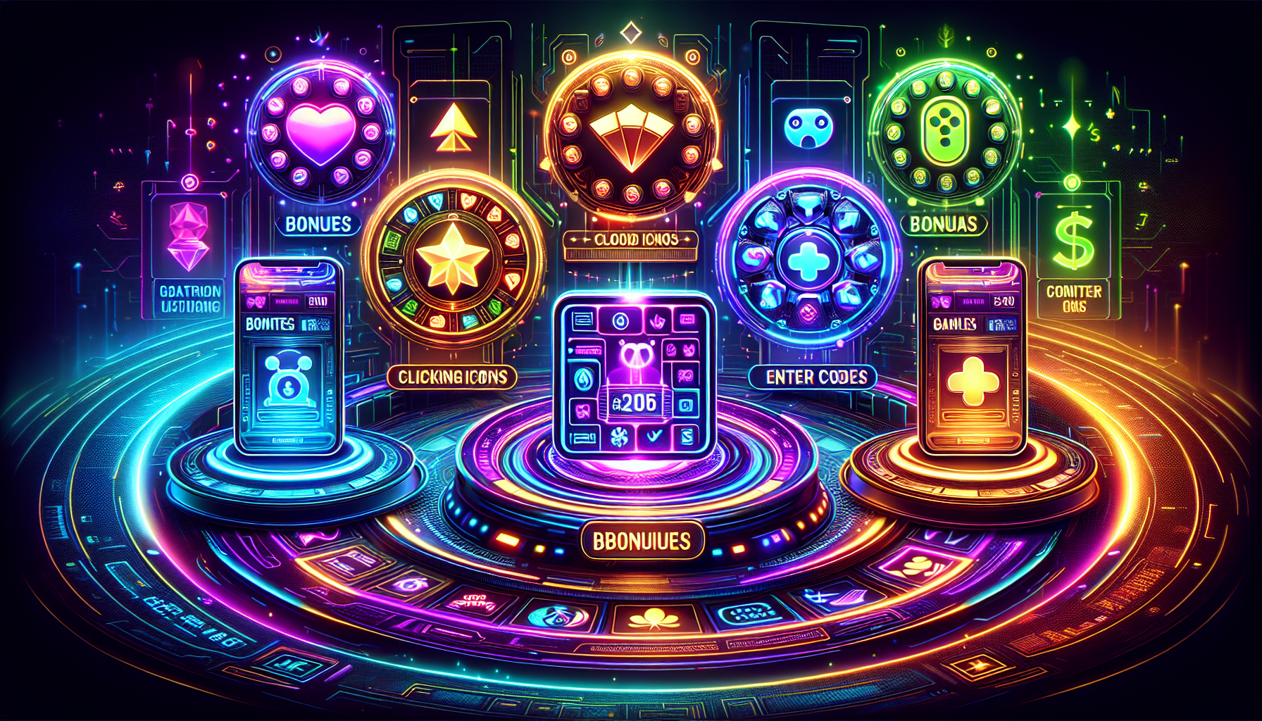 Create an image that depicts five distinct bonuses available on the CSGORoll platform. Each bonus should be visually represented, showcasing the different rewards or benefits players can receive. Include step-by-step icons or symbols that illustrate how to claim each bonus, such as clicking buttons, entering codes, or completing specific tasks. The image should have a vibrant and engaging gaming atmosphere, with elements that highlight the excitement and benefits of these CSGORoll bonuses.