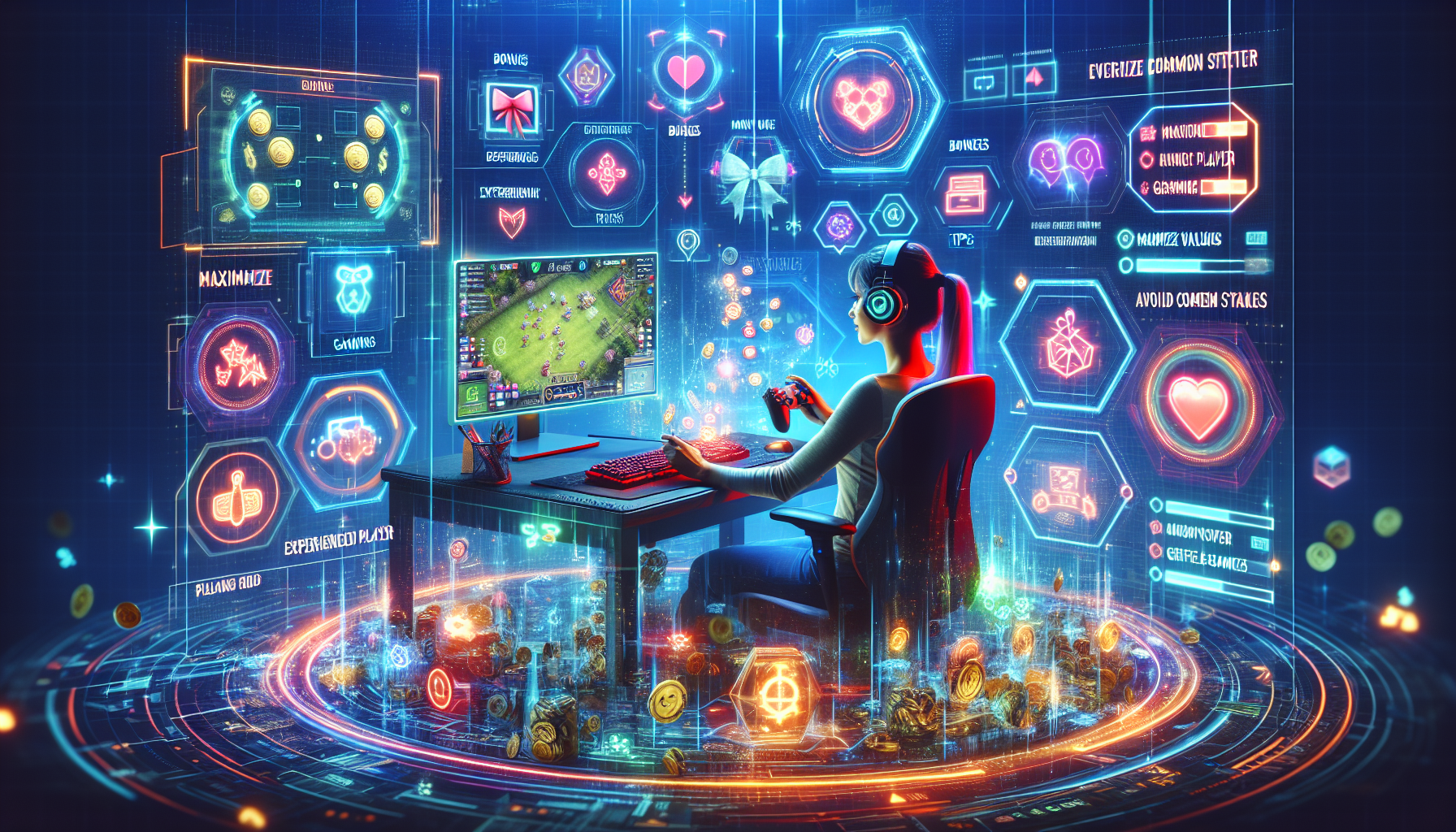 Create an image depicting a seasoned gamer surrounded by gaming equipment and accessories, sitting at a computer with the CSGORoll website on the screen. The scene should include visual representations of bonuses being unlocked (e.g., coins, gift boxes, bonus messages). Overlay the image with graphical tips and tricks, such as strategy icons or short text snippets like Maximize Value, Avoid Common Mistakes, and Experienced Player Tips. The background should be a well-organized gaming room, emphasizing a strategic gaming environment.