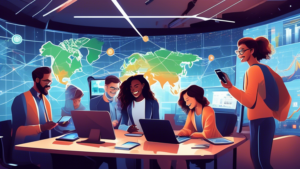 Prompt: An illustrated scene showcasing a diverse group of delighted users in a modern workspace, celebrating their trading success using BingX Exchange on various electronic devices. The background shows a world map with digital connections highlighting the global impact. Incorporate graphs and charts on screens, representing significant growth and accessibility in cryptocurrency trading. Depict a futuristic and dynamic atmosphere, hinting at the potential and expansion plans of BingX Exchange.