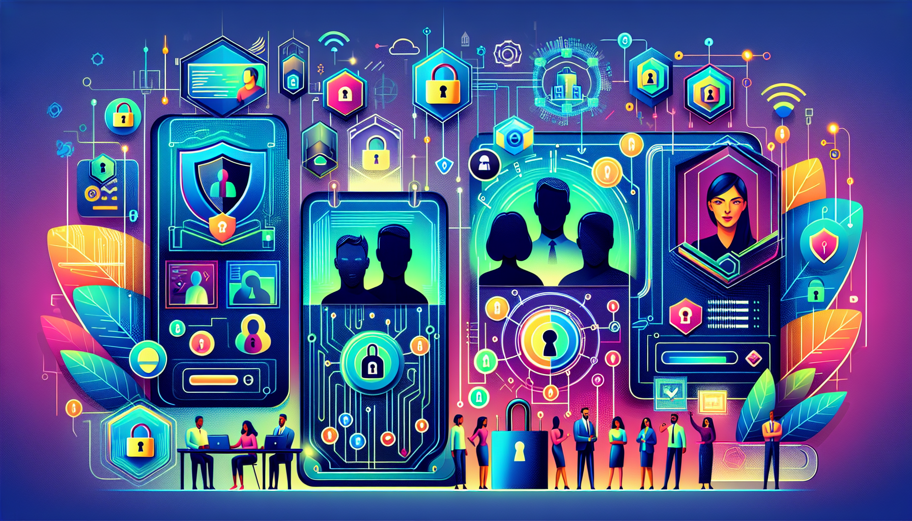 Create an image that showcases a high-tech and secure environment for a cryptocurrency exchange (bingx exchange). Include elements such as advanced data encryption, multi-layered security protocols, and vigilant monitoring systems. Illustrate user accounts being protected by strong security measures, like two-factor authentication and biometric validation. Highlight satisfied users who feel confident and secure using the platform, and incorporate visual symbols of privacy, like locks and shields, to emphasize the exchange