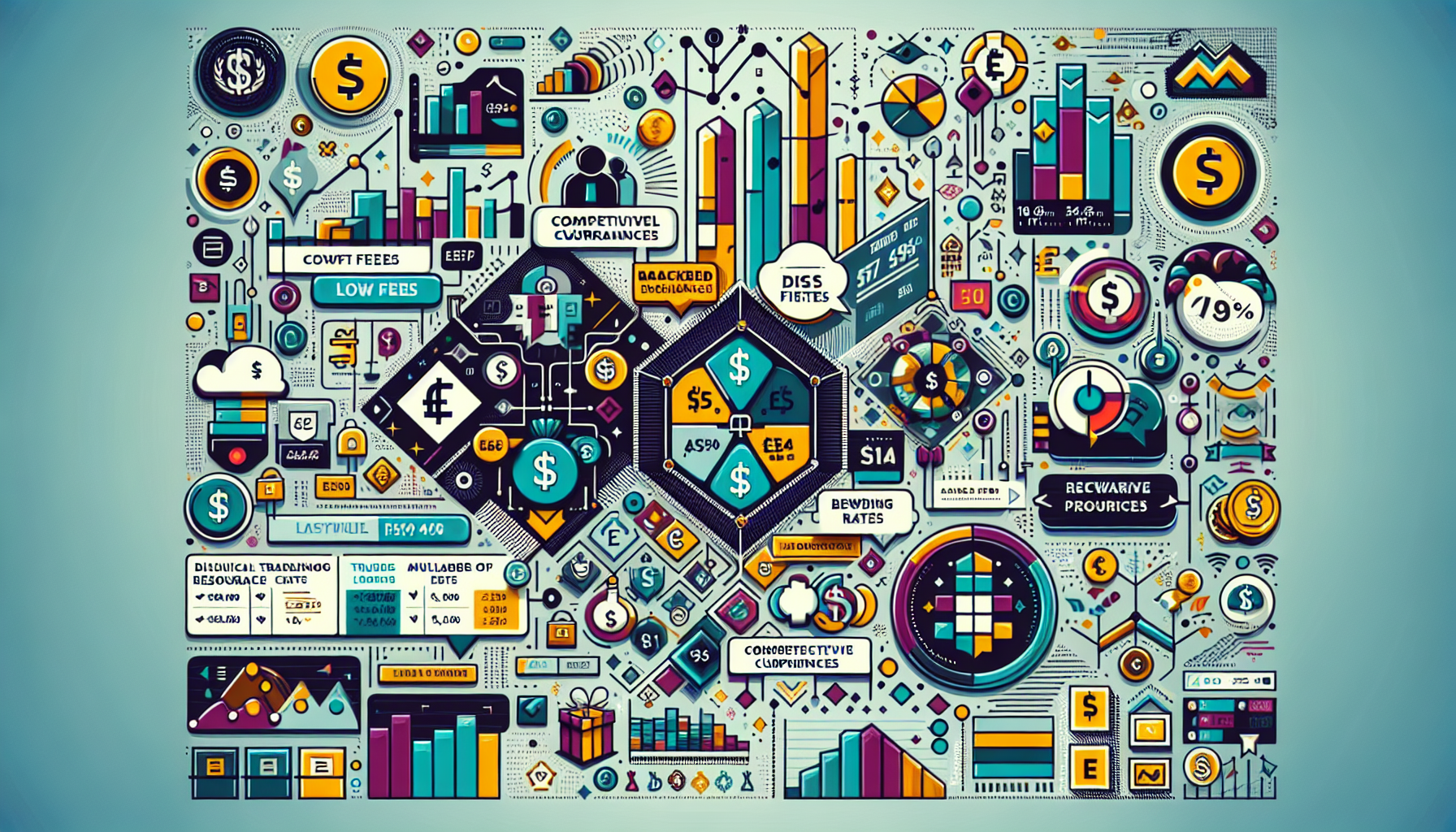 Create an image showcasing the financial benefits and opportunities on BingX Exchange. Depict low fees and competitive rates with symbols such as currency icons and discount tags. Include a diverse range of trading tools and supported currencies, represented by varied financial graphs and currency symbols. Highlight loyalty programs and bonuses for active traders with visual elements like reward icons, gift boxes, or badges that signify achievements. Ensure the BingX Exchange branding is subtly incorporated in the design.