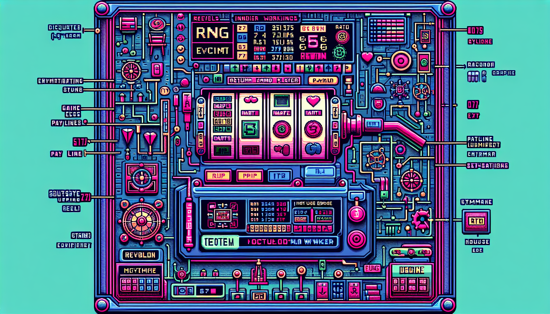 Create an illustration that showcases the inner workings of a slot machine. The image should depict the fundamental mechanics such as reels, symbols, and paylines, with a detailed view of how the Random Number Generator (RNG) operates within the machine. Add visual elements representing Return to Player (RTP) and House Edge concepts, perhaps through graphs or icons. The style should be a blend of technical schematic and colorful, engaging graphics to keep it both informative and visually appealing.