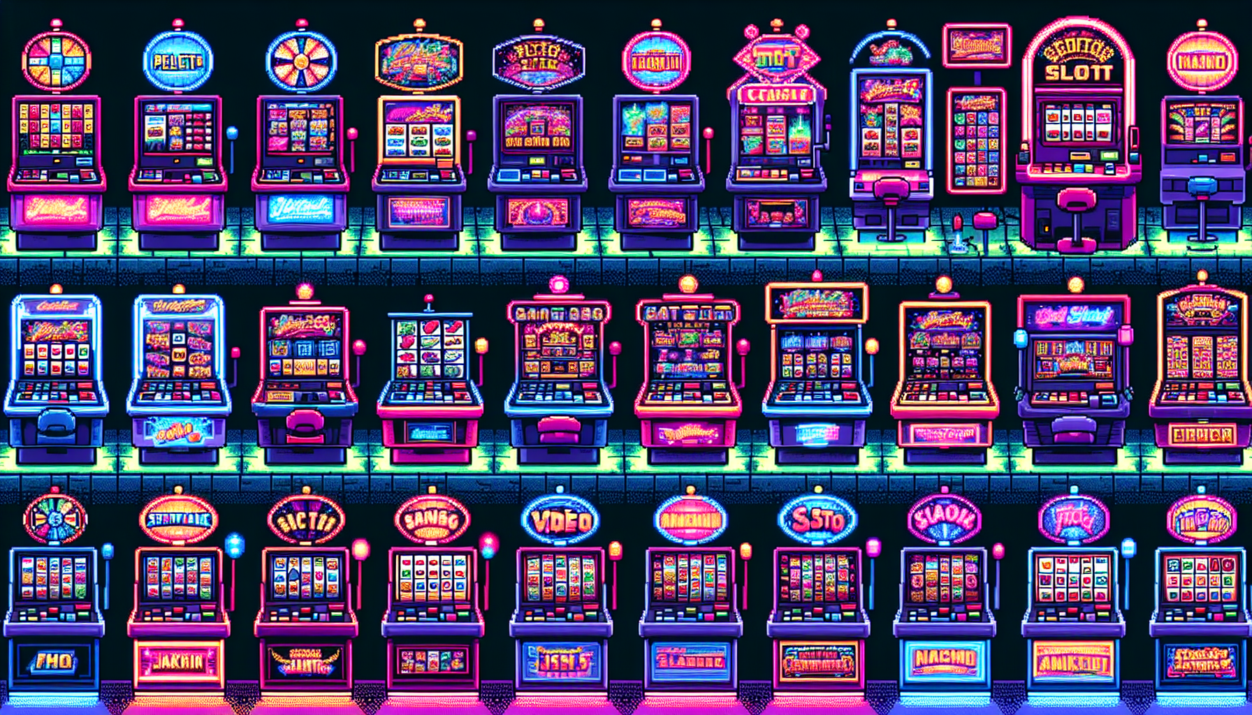 Create an image that showcases a variety of slot machines in a casino setting, highlighting the differences between classic mechanical slots, video slots with various themes, and progressive slots displaying a large accumulating jackpot. Include elements that emphasize the distinct features and themes for each type, such as retro designs for classic slots, vibrant, animated screens for video slots, and a digital counter displaying the growing jackpot for the progressive slots.