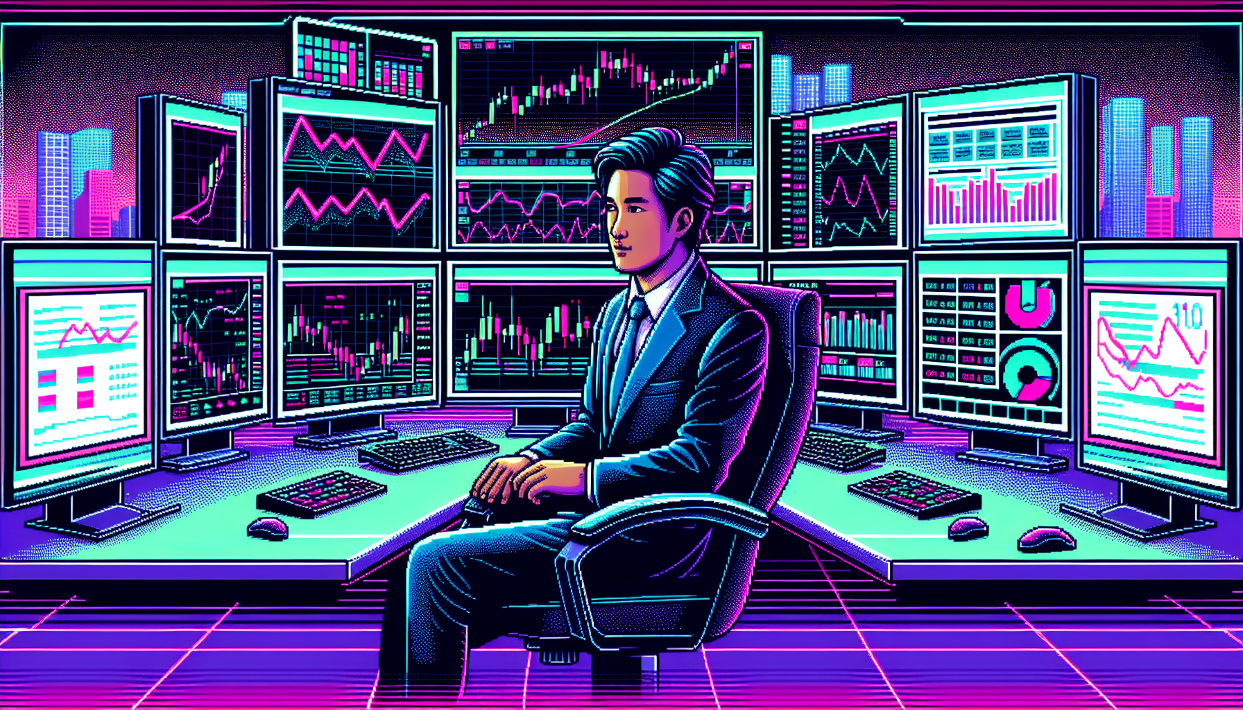 Create a detailed digital illustration showcasing the concept of effective crypto trading with leverage. The image should include a confident trader at a trading desk with multiple computer screens displaying complex charts and graphs. Highlight the use of technical analysis tools, such as candlestick charts and trend lines, and demonstrate the trader’s focus on risk management by incorporating visual elements like stop-loss markers and a well-balanced leverage ratio slider. The background should convey a high-tech, modern trading environment. Keywords: crypto trading with leverage, technical analysis, risk management, leverage ratio.