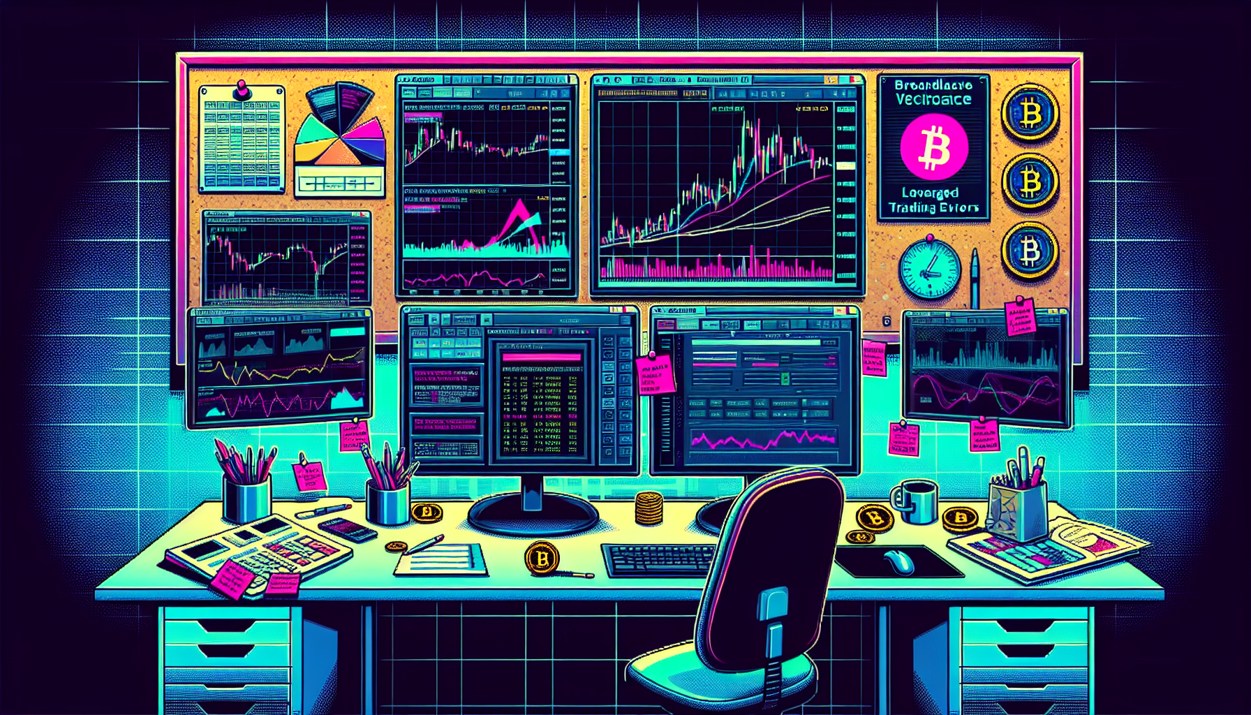 Create an image depicting a digital workspace of a successful crypto trader. The scene includes multiple computer screens displaying real-time cryptocurrency charts, technical analysis tools, and various leverage ratios. On one screen, a crypto trading platform is visible, showcasing the trader making informed decisions. Include subtle elements like sticky notes with tips on the screen edges, and a list of common mistakes to avoid pinned to a corkboard in the background. The overall ambiance is professional and high-tech, reflecting practical tips for safe and successful leveraged trading in the cryptocurrency market.