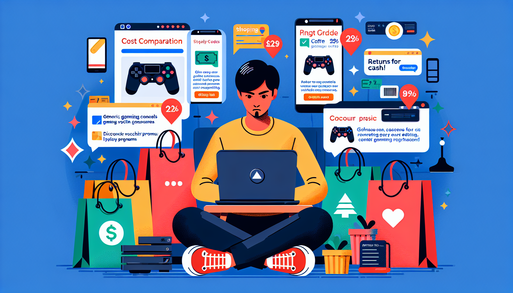 Create an image of a savvy shopper sitting at a desk with a laptop and smartphone, surrounded by PS4 consoles, accessories, and shopping bags. The shopper has a focused expression and is depicted with various browser tabs open displaying price comparison websites, notification alerts for price drops, and discount coupon codes. Show elements like cashback offers and loyalty program cards on the desk to emphasize the strategy for scoring the best PS4 console deals.