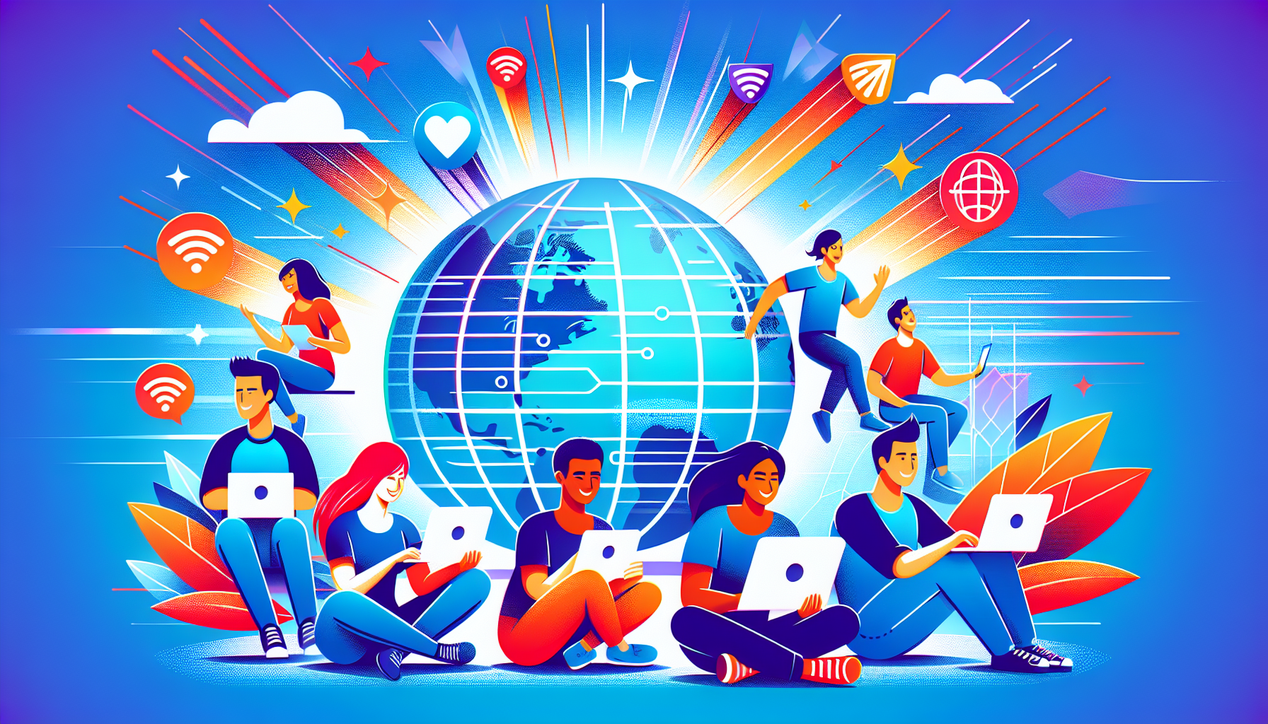 Create an image of people happily watching various international streaming services on their devices, with a clear Earth globe icon indicating geo-restriction removal, and a speeding internet icon showing faster speeds and reduced latency. The background should have subtle graphic elements signifying enhanced online privacy and security measures. Label the image Key Benefits of CyberGhost Smart DNS.