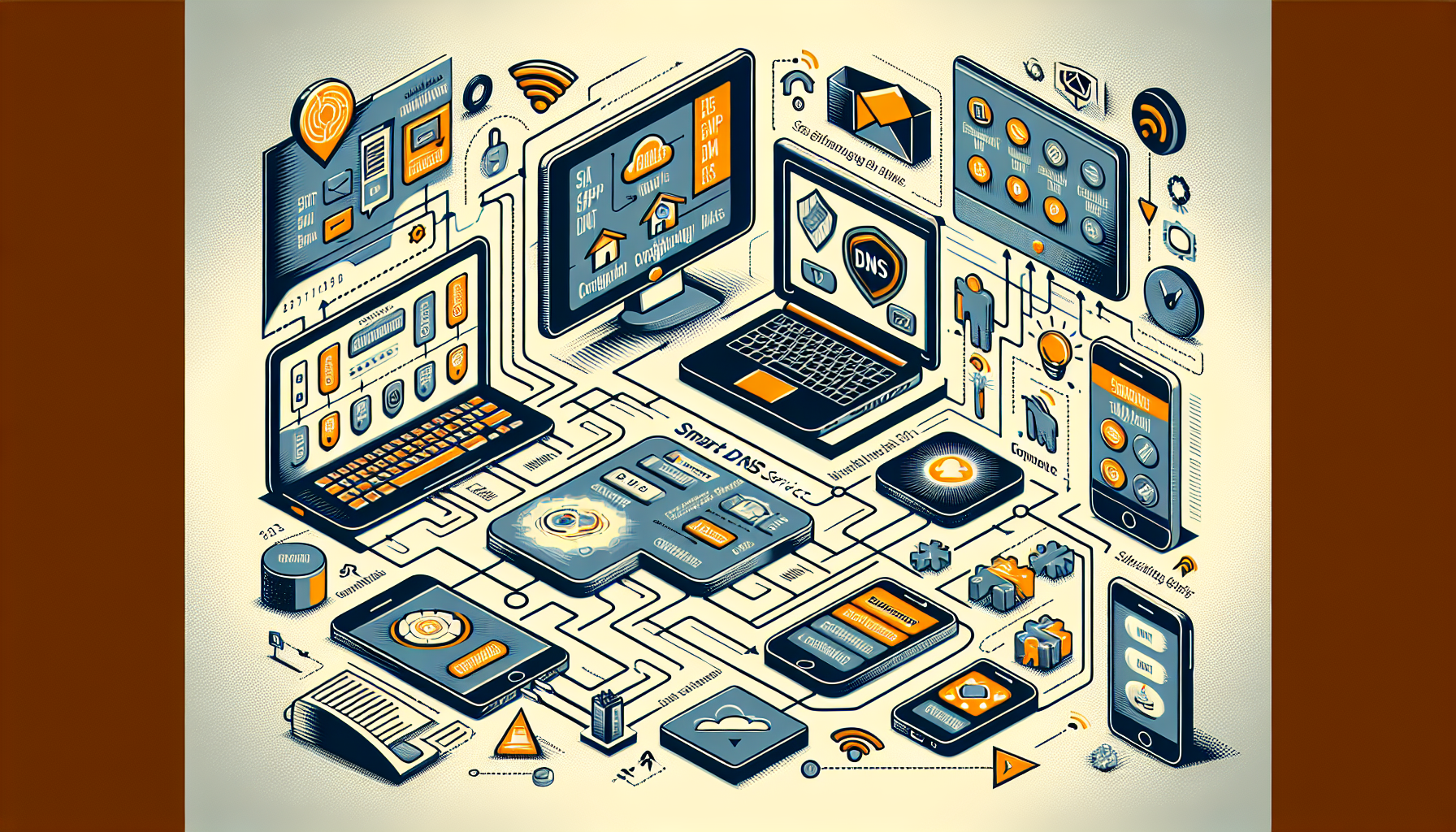 Create an image showing a step-by-step guide to setting up CyberGhost Smart DNS on various devices, including a laptop, smartphone, and smart TV. The image should include clear, easy-to-follow instructions and visual icons representing each step. Include tips on optimizing settings and a small section for troubleshooting tips with support contact information.