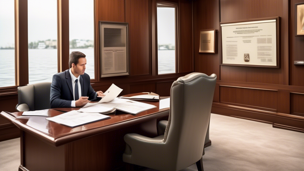 Create an image depicting a professional setting where a boat accident attorney is consulting with a client. The scene should highlight elements that represent key qualities to look for in the best boat accident attorney: experience, client testimonials, and communication skills. Include a wall with framed diplomas and awards (to represent experience), a laptop displaying client reviews (to signify the importance of testimonials), and the attorney actively engaging with the client (to demonstrate communication skills). The setting should feel welcoming and professional.