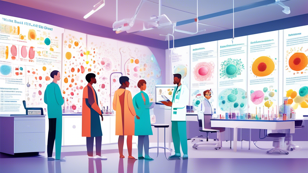 DALL-E prompt: A brightly lit, modern laboratory setting illustrating the science of transdermal delivery systems. Visible in the scene are researchers examining detailed diagrams and skin models showing the layers of epithelial cells. Beside the researchers, a large, colorful infographic displays various vitamins like Vitamin B complex and Vitamin C. Next to the infographic, a group of happy, diverse people (young adults both male and female) share their positive experiences, each wearing a small, noticeable vitamin patch on their skin. The background subtly incorporates elements of a party scene from the night before, like discarded party hats and empty glasses, symbolizing hangover scenarios.