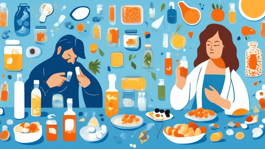 DALL-E Prompt: Illustrate a detailed comparison scene between vitamin patches and traditional hangover remedies on a split canvas. On the left side, depict a modern, simple illustration of a person applying a vitamin patch with visible relief, surrounded by icons of vitamins and a clear blue background symbolizing ease and quickness. On the right side, show a cluttered kitchen table covered with traditional hangover remedies like water bottles, pain relievers, and herbal supplements, with a person looking overwhelmed and slightly confused. Highlight the contrast in simplicity and complexity between the two methods, emphasizing the modern approach with a sleek, minimalist style versus the traditional method filled with various elements and a busy atmosphere.