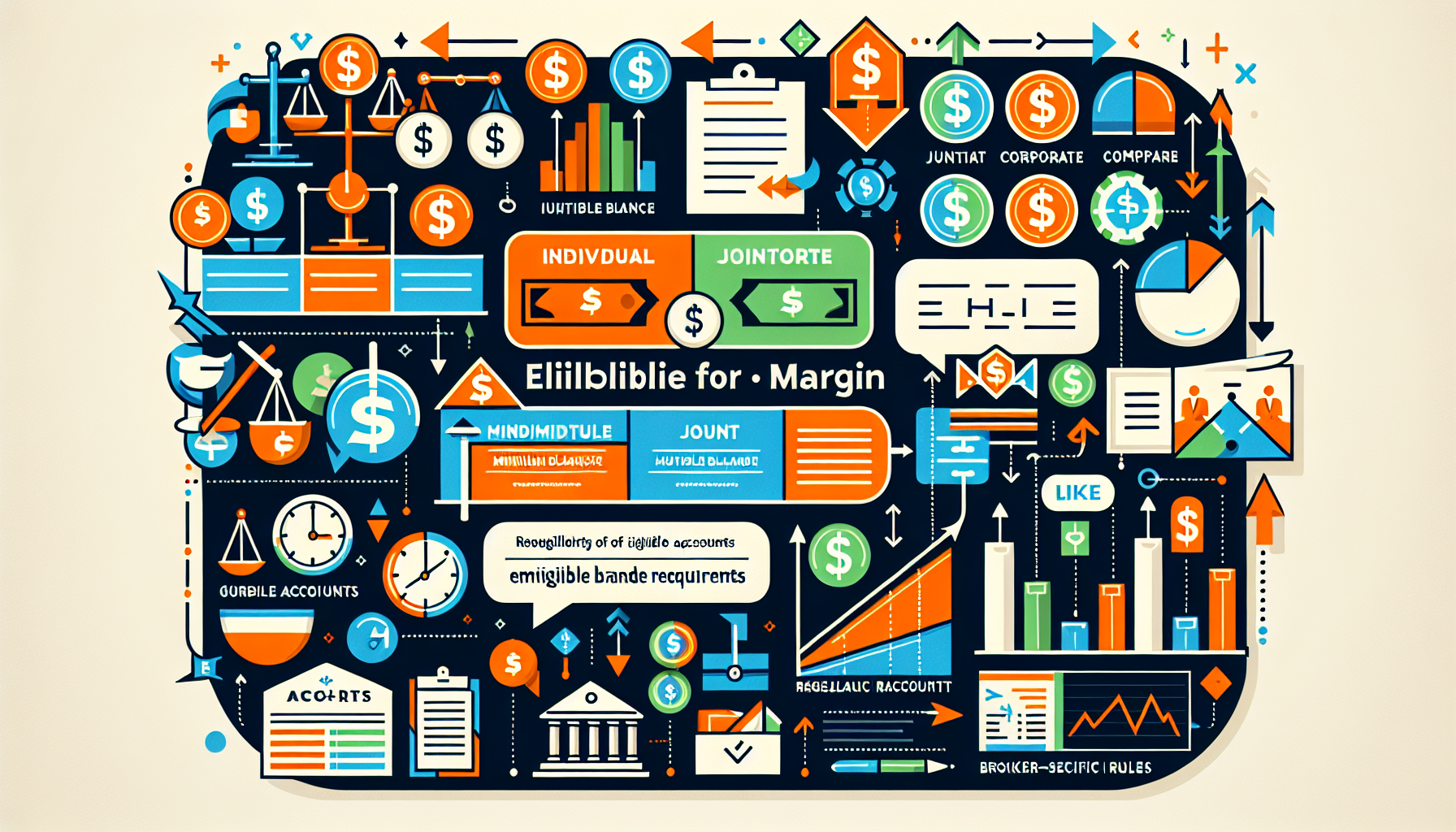 Create a detailed infographic depicting the eligibility and requirements for Interactive Brokers Portfolio Margin. Illustrate elements such as minimum balance requirements with dollar signs or numeric representations, types of accounts eligible using icons for different account types (e.g., individual, joint, corporate), and regulatory and broker-specific rules with icons like legal scales or documents. Use arrows and bold text to clearly highlight each requirement in a clean, professional style suitable for educational purposes.