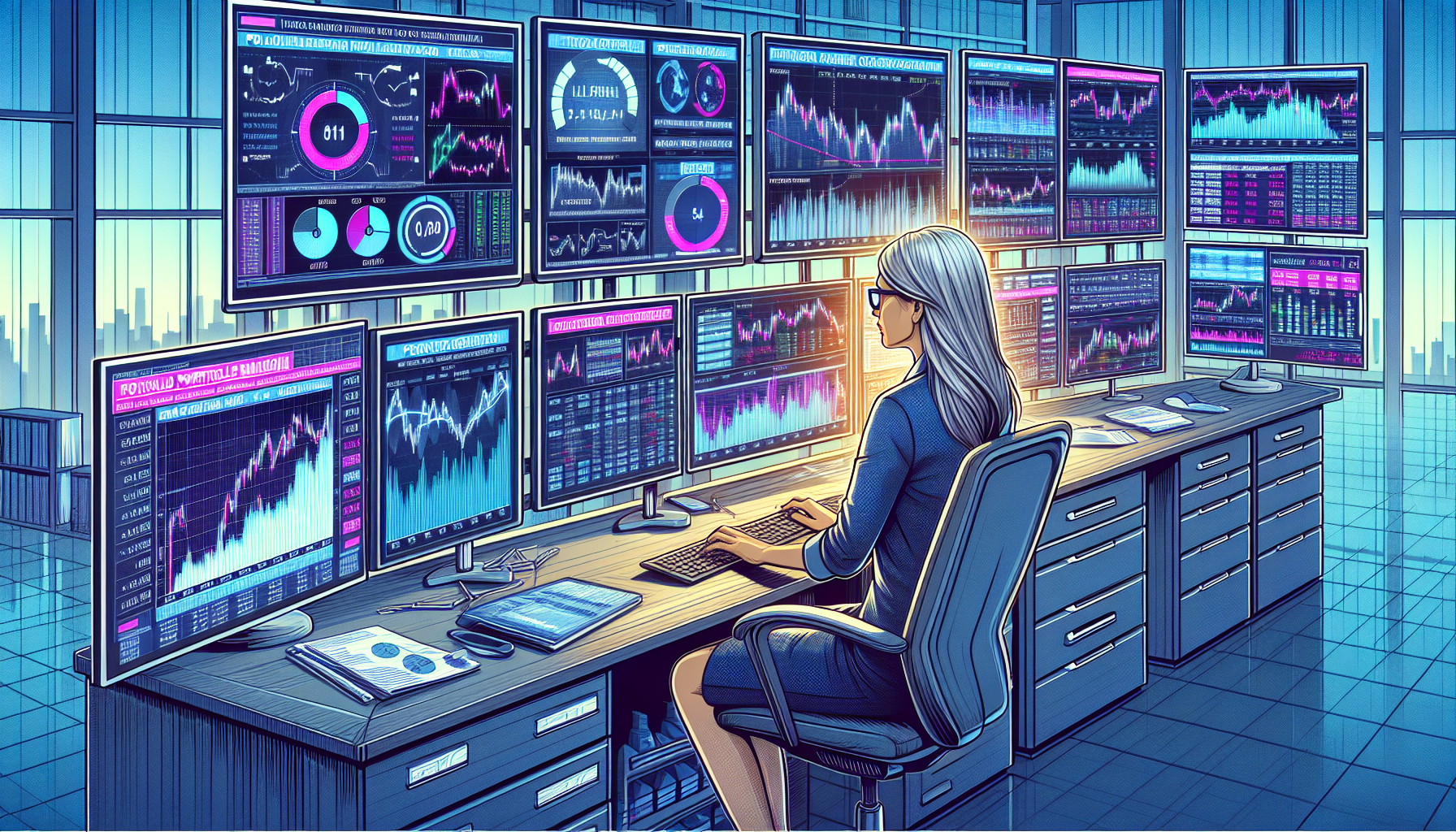 A highly detailed digital illustration displaying a stock trader at a workstation, surrounded by sophisticated risk management tools and resources provided by Interactive Brokers. The scene includes multiple computer screens showing financial charts, portfolio margin calculations, and risk metrics, with a background that suggests a high-tech trading environment. The trader is actively analyzing data, employing strategies and techniques to manage potential risks associated with Portfolio Margin. Include subtle visual elements that represent potential risks and their mitigation, such as safety nets or balancing scales, to emphasize the focus on managing risk effectively.