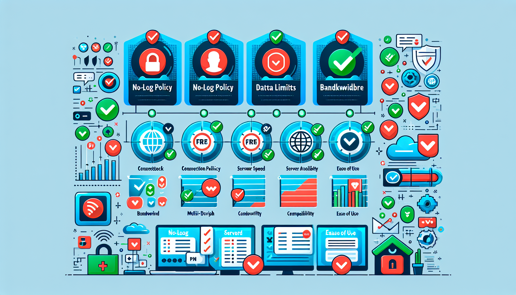 Create an image showcasing a comparison chart for choosing a free VPN, highlighting key factors such as 