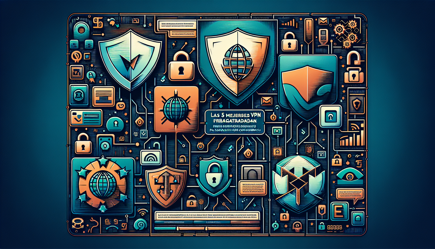 Create a detailed digital illustration showcasing five different logos for free VPN services — ProtonVPN, Windscribe, Hotspot Shield, TunnelBear, and Hide.me — displayed on a sleek, modern background. Each logo should be accompanied by a small text box highlighting one unique feature of the respective VPN service. The backdrop should include elements symbolizing internet security and privacy, such as a shield, lock, and encrypted data icons, emphasizing the theme of secure web browsing. Highlight the text 