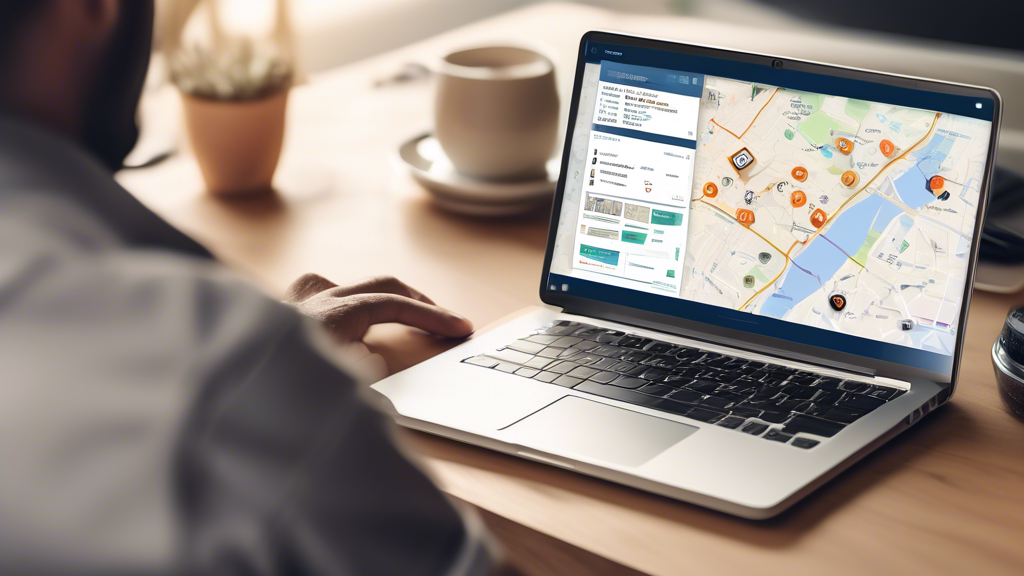Create an image that illustrates a person using a laptop at home to search for local DMV physical providers. The screen shows a map with various pinned locations, along with visible tabs for reviews and pricing information. The background features elements like a calendar, legal documents, and a cup of coffee to indicate thorough research and preparation for an upcoming DMV physical appointment.