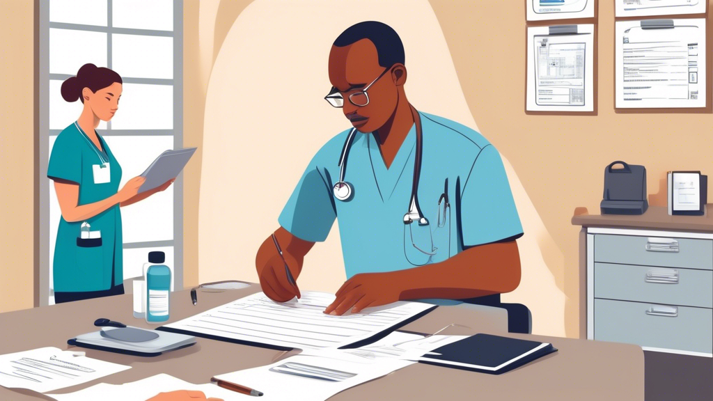 Create a detailed illustration depicting a patient preparing for a DMV physical appointment. The scene should include the patient gathering essential documents, such as an ID, medical history, and any necessary forms, and looking through a checklist. The patient should appear calm and organized, with a healthcare office background featuring a friendly medical professional and examination equipment in view. Emphasize a sense of preparedness and a smooth, stress-free experience.