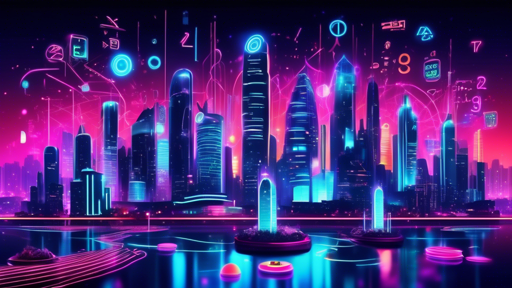 Create an image of a futuristic cityscape with neon lights displaying the numbers 2024, surrounded by various symbols and icons representing data analysis and lottery predictions. The city should be set against a dark, mysterious background to evoke the idea of the secretive and complex world of Togel Singapore Pools.