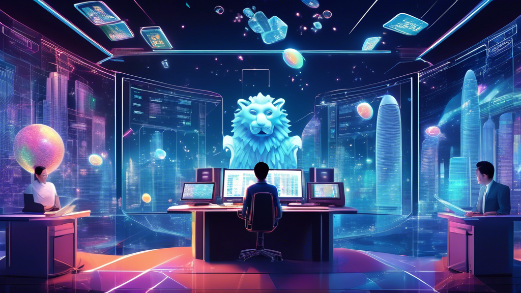 Create an illustration of a futuristic data analysis room filled with advanced computers and holographic charts displaying lottery numbers. Incorporate elements that represent Singapore, such as the Marina Bay Sands or Merlion statue. Add a person analyzing the data with a look of concentration, holding documents and charts. Surround the scene with glowing algorithms and statistics to emphasize the analytical deep dive into lottery numbers for 2024.