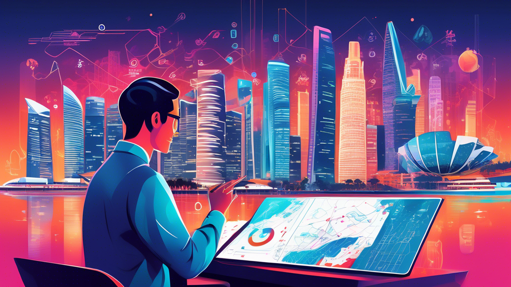 A vibrant digital illustration of a person eagerly analyzing detailed charts and graphs filled with numbers and patterns, representing Singapore Togel 2024 data. The background features a futuristic city skyline with iconic Singapore landmarks like the Marina Bay Sands and the Merlion. The person is shown making strategic calculations with a confident expression, symbolizing the powerful strategy for achieving big wins. The overall mood is one of intelligence, focus, and anticipation.