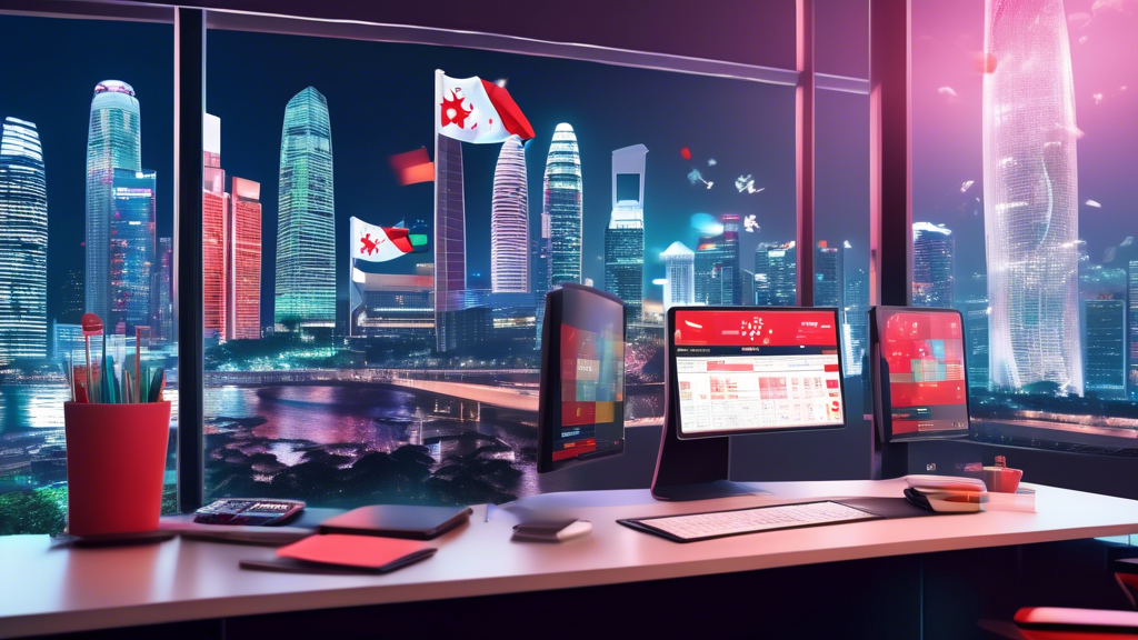 Create an image that features a dynamic and modern data analytics dashboard on a computer screen, with elements specifically reflecting Singapore 2024 lottery results. Include graphs, charts, and tables with vibrant colors. Add subtle digital icons like the Singaporean flag and traditional lottery balls. Set the scene in an upscale, sleek office environment, with a cityscape of Singapore visible through the window.