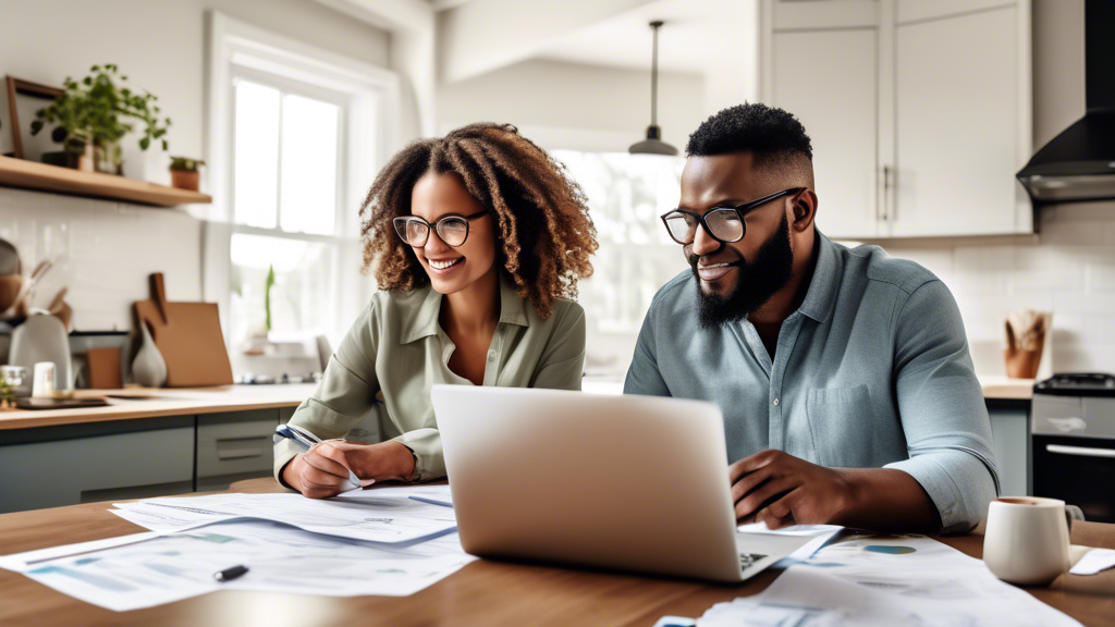 Create an image showing a couple sitting at a kitchen table covered with financial documents, calculators, and laptops. They are deeply engaged in discussion, illustrating the process of setting a realistic budget for buying a home. The backdrop could include a vision board with home-related images and notes, representing their financial planning journey. Chart illustrations of mortgages and interest rates can be subtly included as graphics on their laptop screens or papers to emphasize mortgage basics and hidden costs in home buying.”