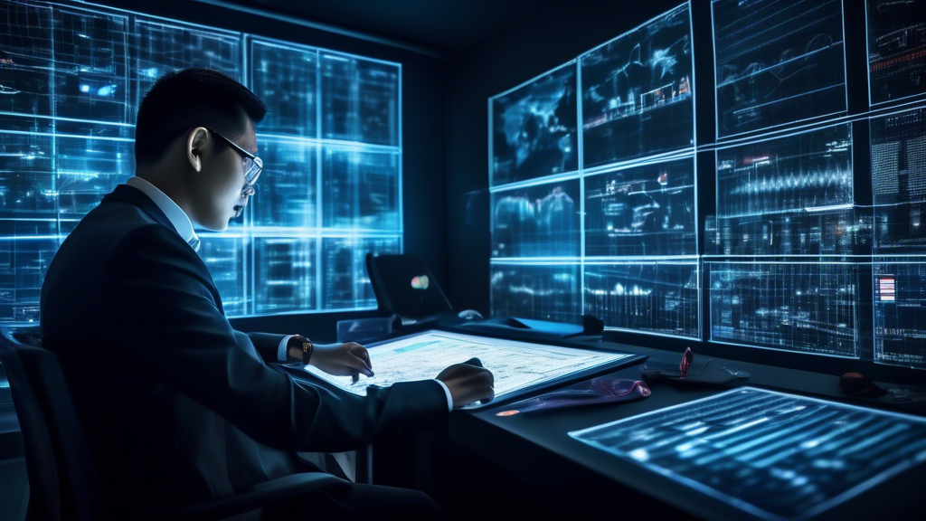 Create an image of a mysterious, dimly lit room filled with futuristic technology and multiple computer screens displaying intricate data charts and numbers related to Togel Singapore 2024. In the foreground, a knowledgeable expert, dressed in a professional suit and wearing glasses, is analyzing the data and writing notes on a transparent digital board. Behind him, a large window shows a night cityscape of Singapore with neon lights and iconic landmarks. The overall mood should be intriguing and analytical, highlighting the secretive and high-tech nature of the topic.