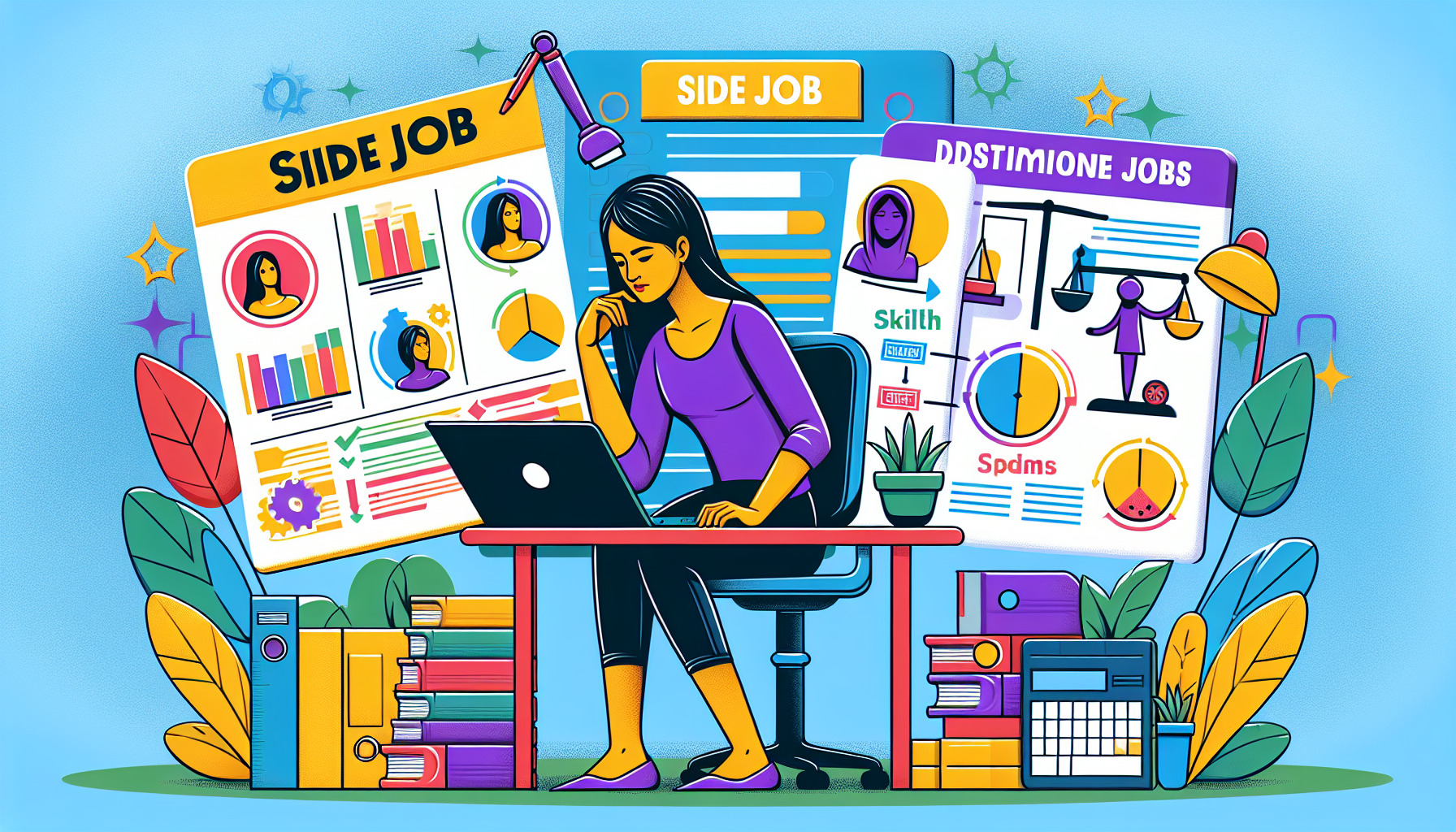Create an image that depicts a person evaluating different side gig options. The scene should include a variety of elements like charts, skill assessments, and decision-making tools spread out on a desk. The individual should appear thoughtful and engaged, highlighting the process of choosing a side gig that aligns with personal skills and interests. Include visual cues like a laptop, calendar, and balancing scales to symbolize balancing side gigs with main jobs and personal life.