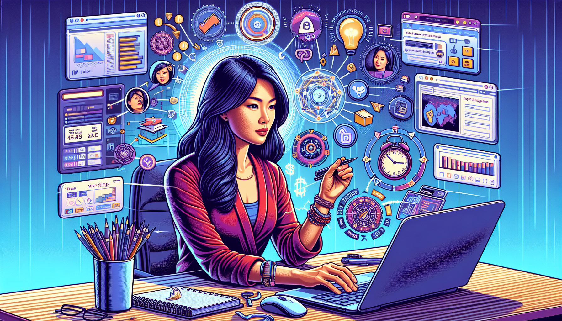 Digital illustration of a person at their computer, surrounded by icons representing various side gigs like freelance writing, graphic design, and tutoring. The background features social media platforms and online marketplaces, with graphs and charts showing upward trends in earnings. The person appears organized with a planner and a clock, symbolizing time management and productivity hacks for maximizing income.