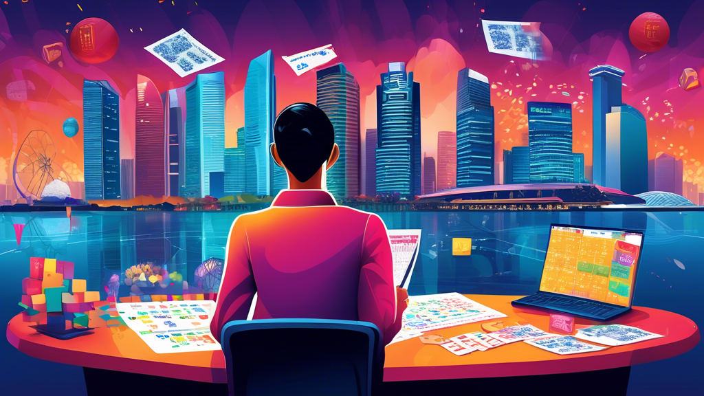 Create a vibrant and dynamic illustration depicting a person analyzing numerical charts, lottery tickets, and data sets for Singapore Togel 2024. The scene should include elements of technology, such as computers and algorithms, highlighting the scientific and calculated approach to predicting lottery outcomes. The background can feature the iconic skyline of Singapore to give it a sense of place.