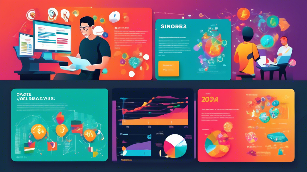 Create an infographic-style illustration showing how data from Singapore Togel 2024 can help in winning big. The image should include charts, graphs, statistical analysis, and a person excitedly using a computer. Use bright colors and clear, informative icons to convey insights and strategies.