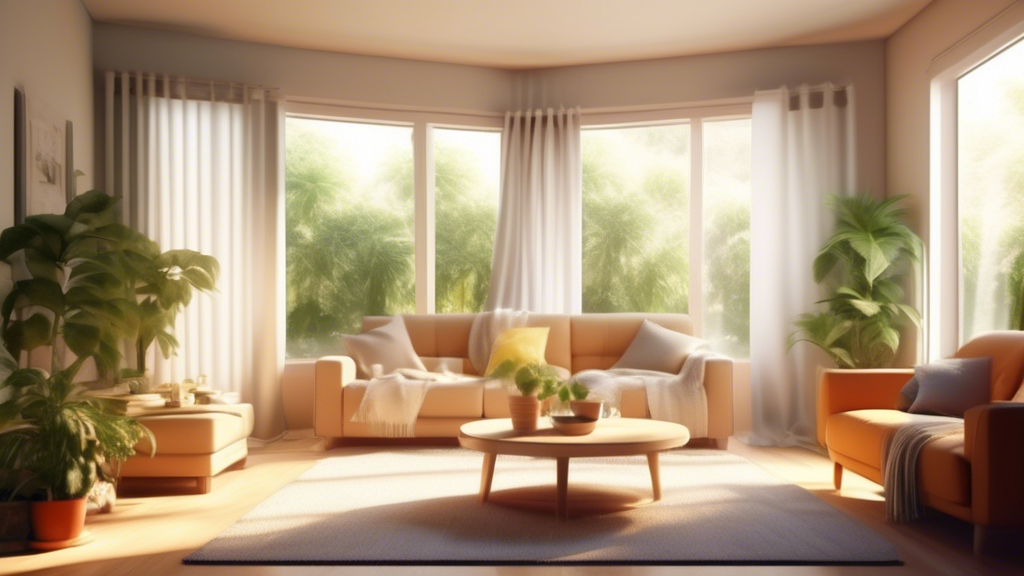 Create an image depicting a cozy living room optimized for staying cool without electricity. Show thermal curtains and reflective window covers to block out heat. Include a scene of a person opening windows during early morning hours to let in cool air. Add a variety of houseplants and some closed blinds to emphasize natural cooling methods. Highlight the serene and refreshing atmosphere of the room, emphasizing the effectiveness of these cooling strategies.