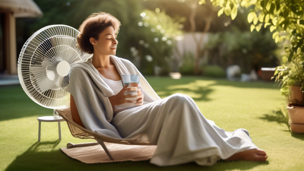 A person sitting comfortably in a well-shaded garden wearing lightweight, breathable clothing, sipping a refreshing glass of water. Nearby, a battery-powered fan is blowing a gentle breeze, and the individual has a cool towel draped around their neck. The scene should include hints of portable cooling devices like hand-held fans and a nearby hammock with cooling bedding, indicating a focus on personal cooling strategies without electricity.