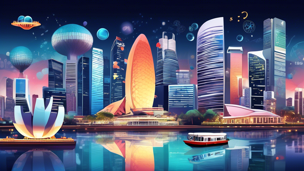 Create an image that represents the strategies and patterns for the 2024 Singapore Togel lottery predictions. Include elements such as data charts, numbers, graphs, and futuristic technology. The scene should evoke a sense of analysis, strategy and prediction with a backdrop of the Singapore skyline.”