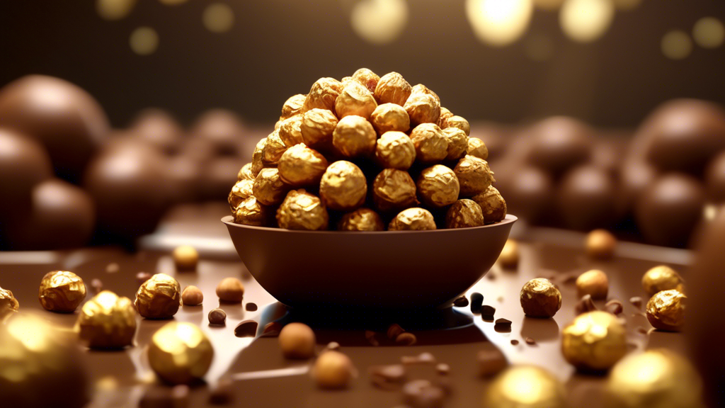 An animated journey inside a Ferrero Rocher chocolate factory, showcasing the meticulous production process from the roasting of hazelnuts to the final chocolate coating and nut sprinkling, emphasizing the layered texture and the sensory appeal of the finished product.