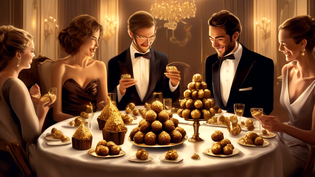 An elegant dinner party scene with a centerpiece of Ferrero Rocher chocolates, guests in formal attire enjoying desserts made with Ferrero Rocher, highlighting the chocolate