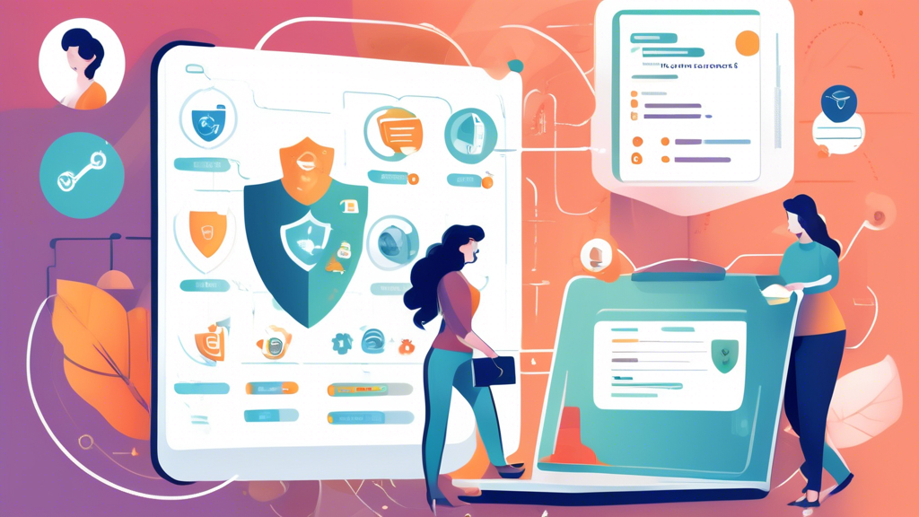 Create an image depicting a user navigating through various online privacy protection service options. The scene should include a computer screen displaying comparison charts and checklists, with icons of shields, locks, and secure browsing symbols prominently featured. Surround the user with illustrated tips and criteria like 