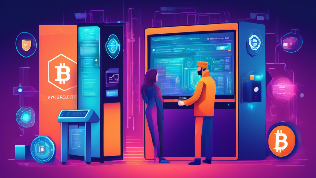 Generate an image showcasing various security measures that cryptocurrency exchanges employ to ensure user safety. Include elements like two-factor authentication screens, cold storage vaults with digital locks, and encryption symbols. The scene should reflect a high-tech, secure environment, demonstrating the extensive security protocols in place to protect users and their assets.