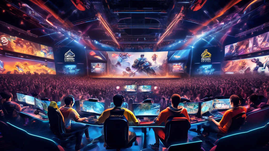 Create an image depicting the bustling world of esports games and their profound impact on the entertainment industry and youth culture. Illustrate vibrant gaming arenas filled with cheering fans, dynamic streaming platforms with engaged viewers, young gamers intensely competing, and numerous sponsorship banners highlighting major brands. Show how esports are influencing social interactions with groups of friends gaming together, both online and in-person. Include visual elements emphasizing the business growth of esports, such as revenue charts, career pathways, and the direct influence on modern youth culture.