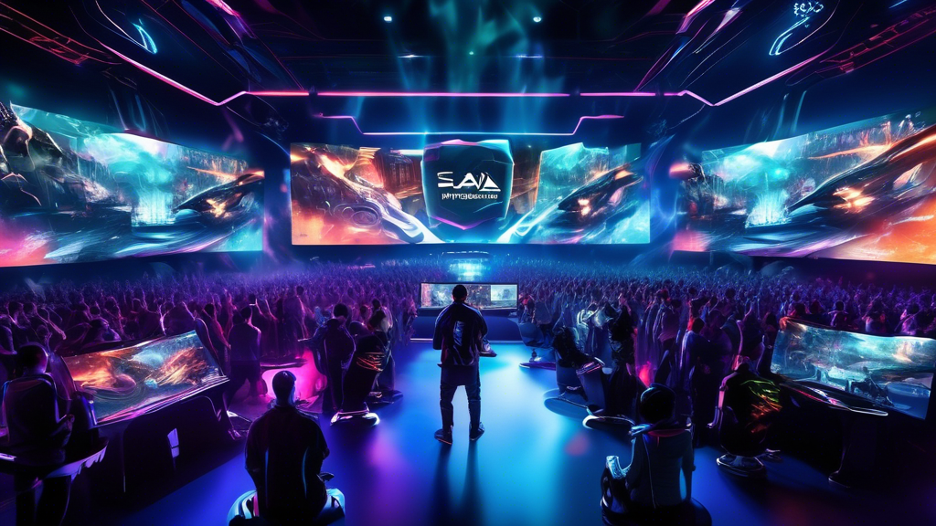 Create an image depicting a futuristic esports arena filled with enthusiastic fans. The scene should be vibrant and dynamic, showcasing both traditional gaming setups and cutting-edge technology like virtual reality and augmented reality. The stadium’s massive screens display intense gameplay, while AR elements float around the players and audience, creating an immersive and interactive experience. Highlight the convergence of new technologies and the evolution of esports in this visually striking image. Keyword: esports games, future trends.