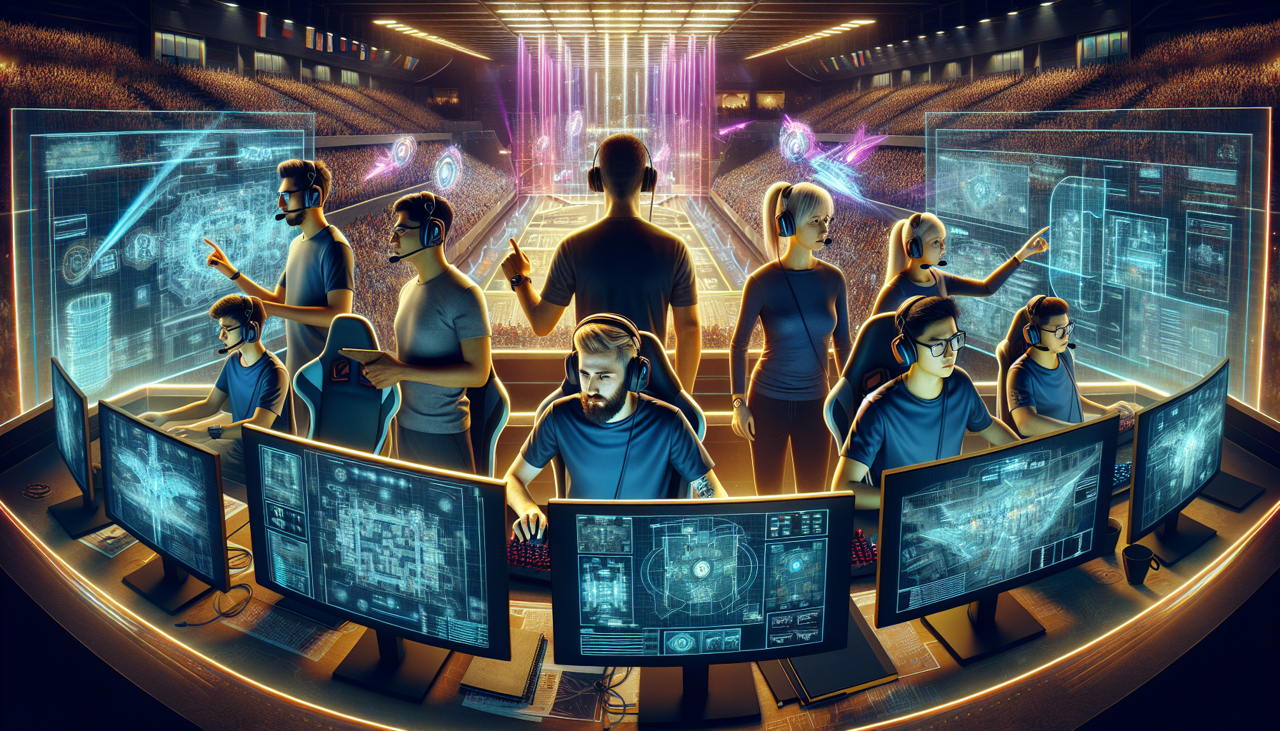 Create an image of a professional CS:GO team in the middle of a high-stakes tournament, showcasing their intense coordination and strategic planning. The scene should include players communicating through advanced communication tools, detailed maps and plans on screens, and a coach directing the team. The background should be a thrilling esports arena filled with cheering fans and energetic lighting, emphasizing the importance of teamwork and strategic innovations in their gameplay.