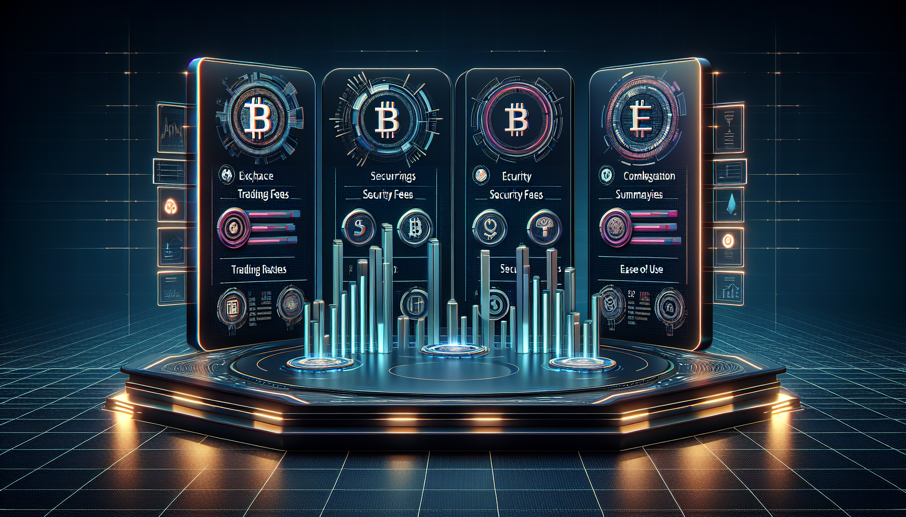 Create an image that features a futuristic digital interface showcasing the top 5 best cryptocurrency exchanges in 2023. Include sleek logos of the exchanges, bar graphs comparing their fees, security ratings, and user-friendliness. The background should have a tech-savvy feel with a dark theme and neon accents, highlighting key features and expert/user reviews in a dynamic and engaging way.